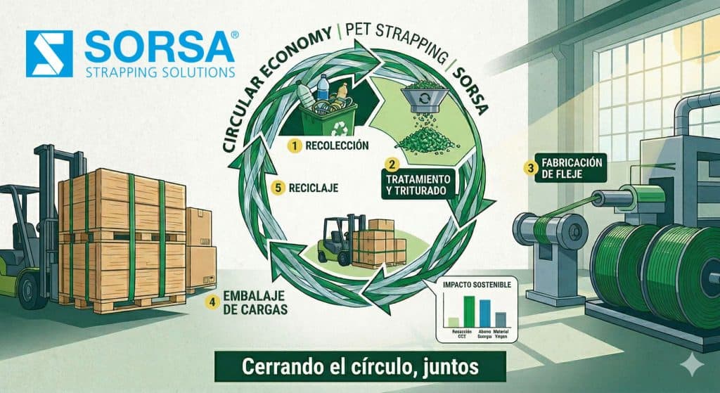 Infographie du cycle d'économie circulaire du feuillard PET recyclé dans une usine industrielle.