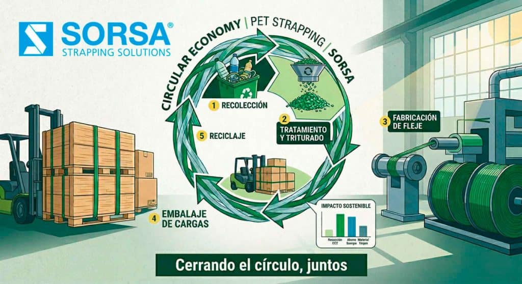 Infographie du cycle d'économie circulaire du feuillard PET recyclé dans une usine industrielle.
