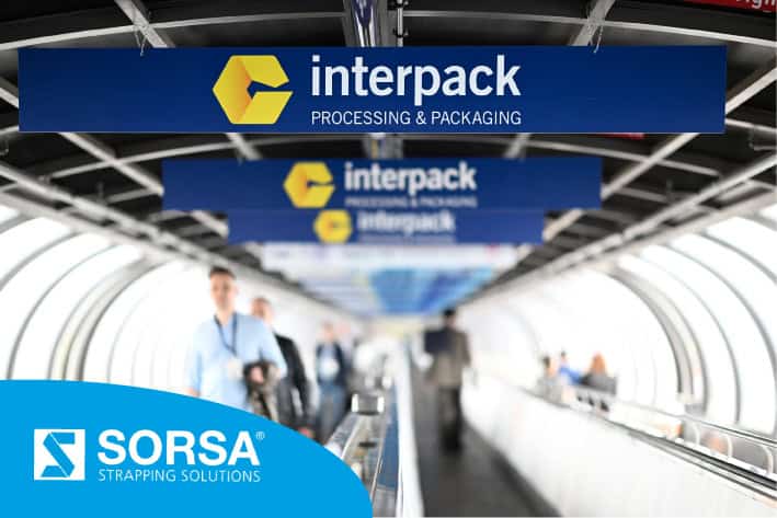 SORSA's stand at the Interpack Düsseldorf 2026 trade fair: automatic strapping systems.