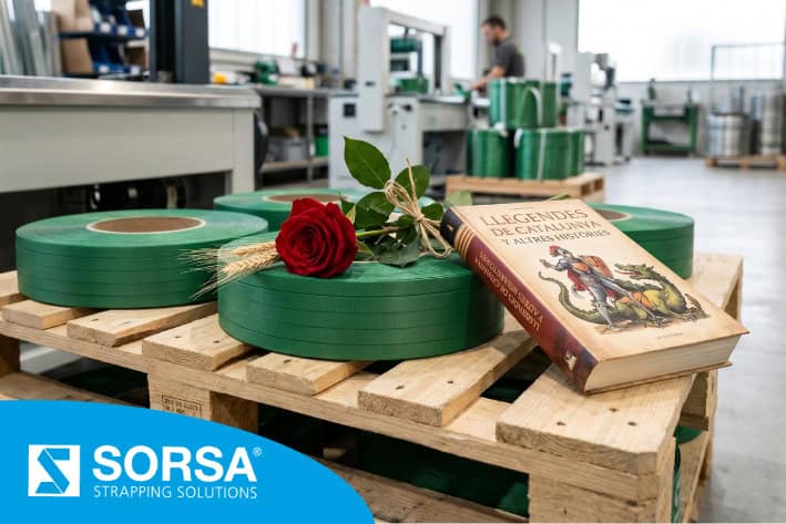 Bobines de feuillard PET vert de Sorsa, ornées d'une rose rouge et d'un livre de Sant Jordi, dans une usine.