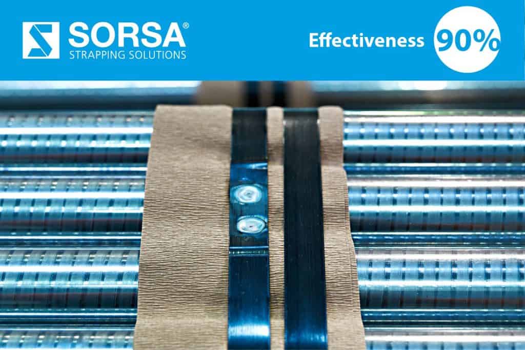 Cabezal de flejado automático de Sorsa aplicando soldadura TIG en fleje de acero industrial.